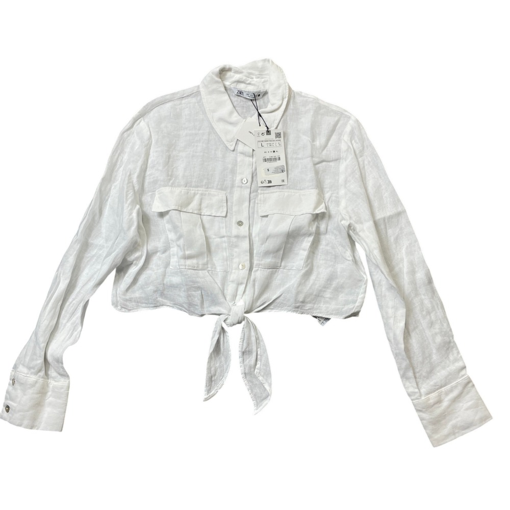 Zara Large NEW w/Tags Long Sleeve White Crop Top 100% Linen